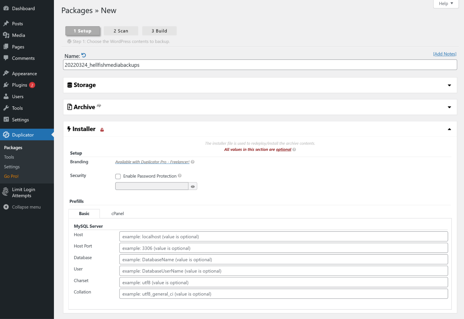 Configuring the installer file in Duplicator. 