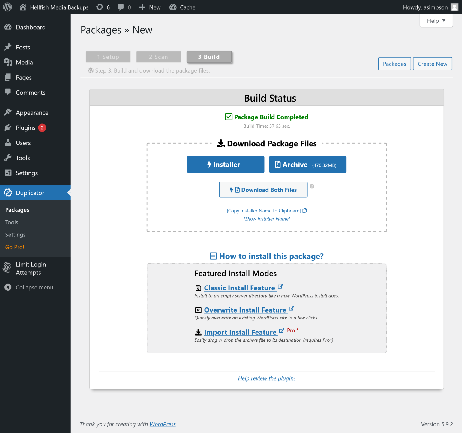 The final stage of creating a backup package in Duplicator.