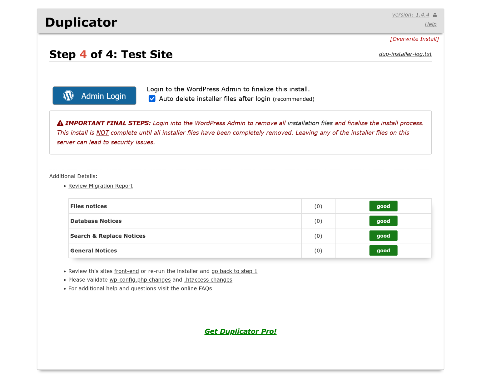 Duplicator's Review Migration report.