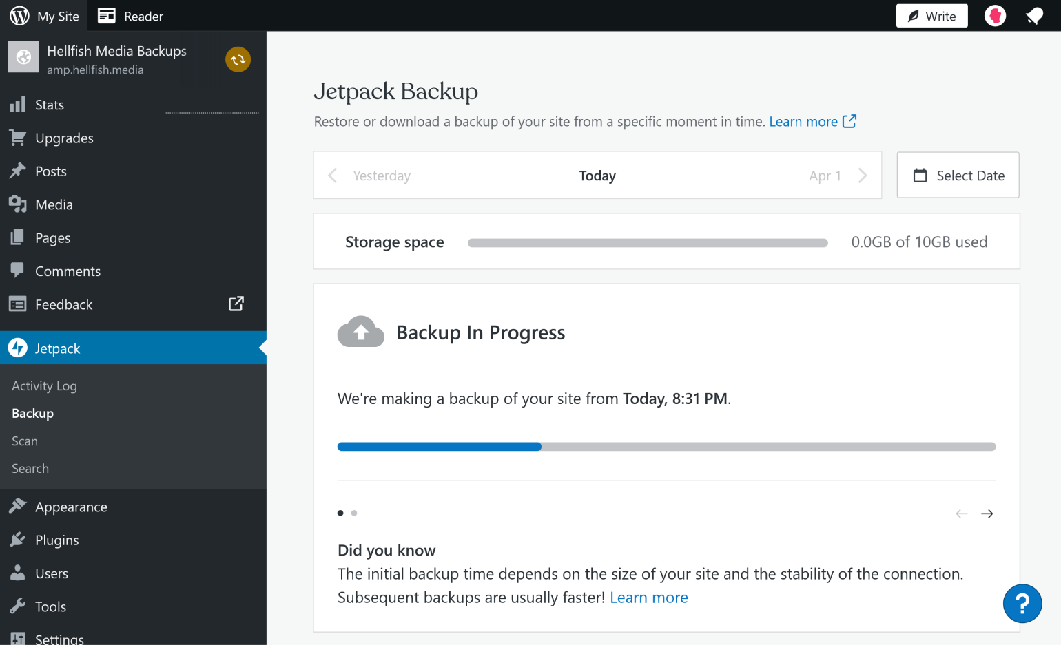 Jetpack Backup starts the first backup the moment you activate the plugin. 