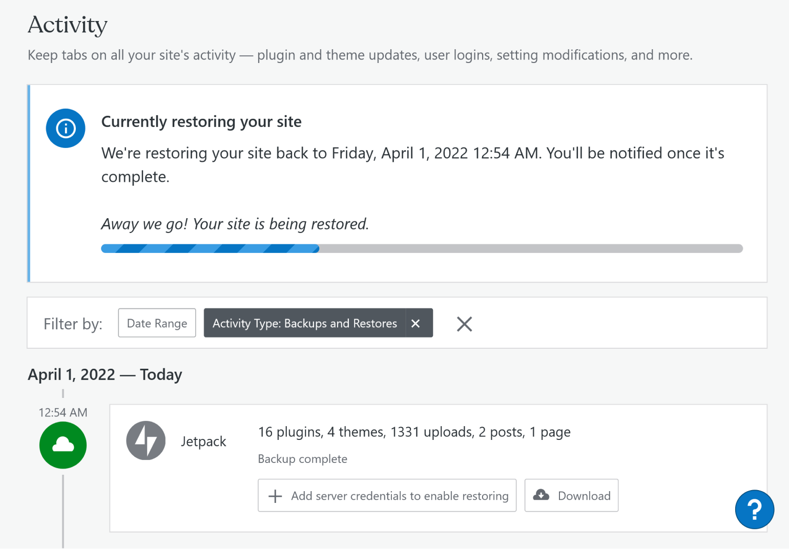 A Jetpack Backup restore in progress.