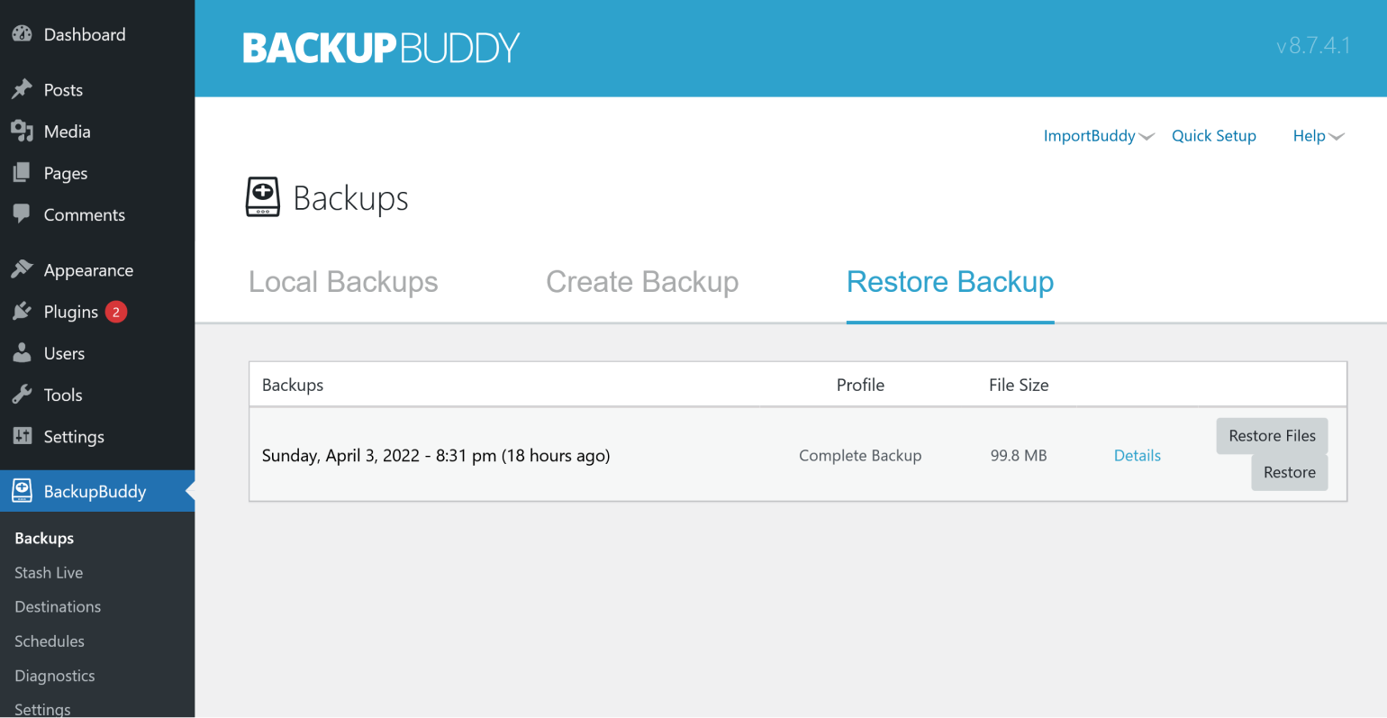 The Restores tab of BackupBuddy.