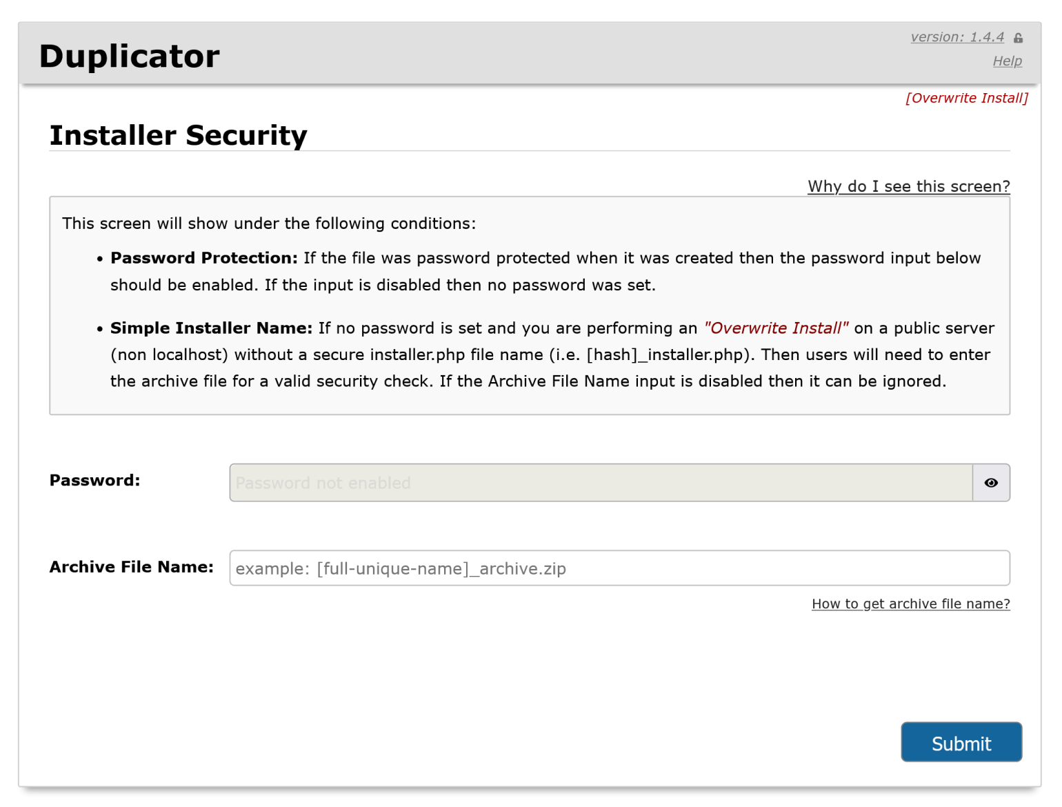 Accessing the Duplicator installer in the browser.