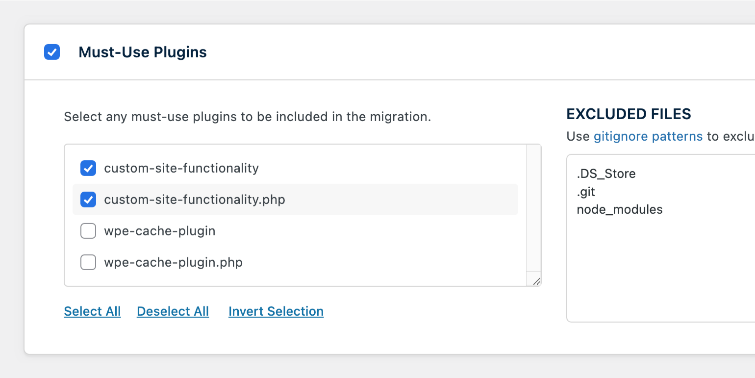 In WP Migrate 2.4, a new Must-Use Plugins panel now appears in Push and Pull migration profiles whenever mu-plugins are detected.