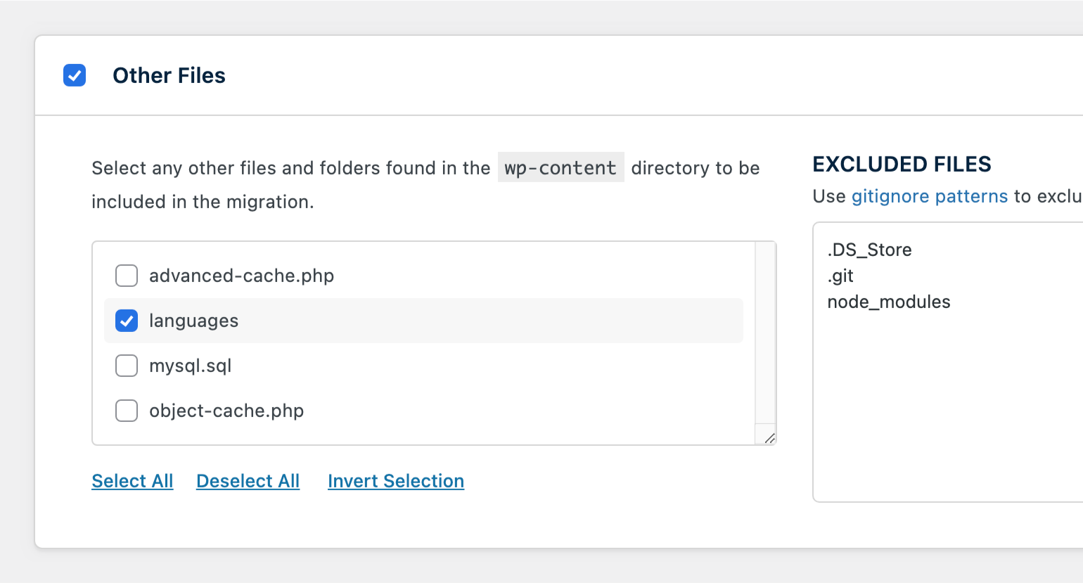 The Other Files panel now appears in Push and Pull migration profiles whenever miscellaneous files are detected in the `wp-content` directory.