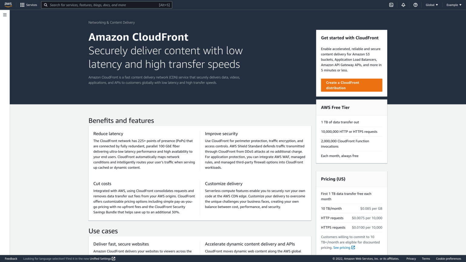 Screenshot of the Amazon CloudFront landing page in the AWS Console