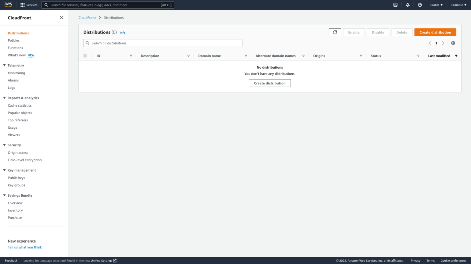 Screenshot of an empty list of Amazon CloudFront distributions in the AWS Console