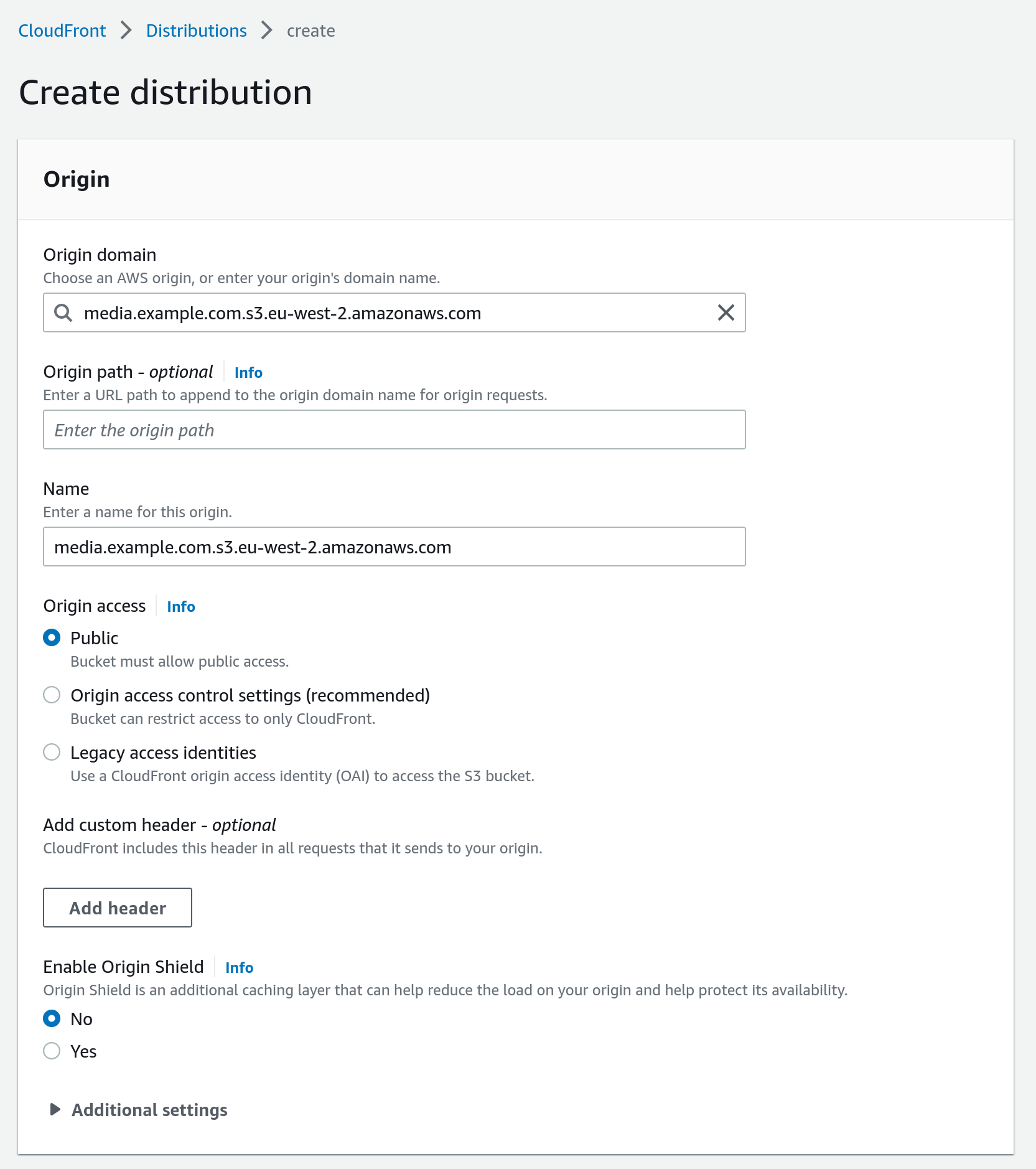 Screenshot of the Origin panel in the Amazon CloudFront Create distribution page of the AWS Console