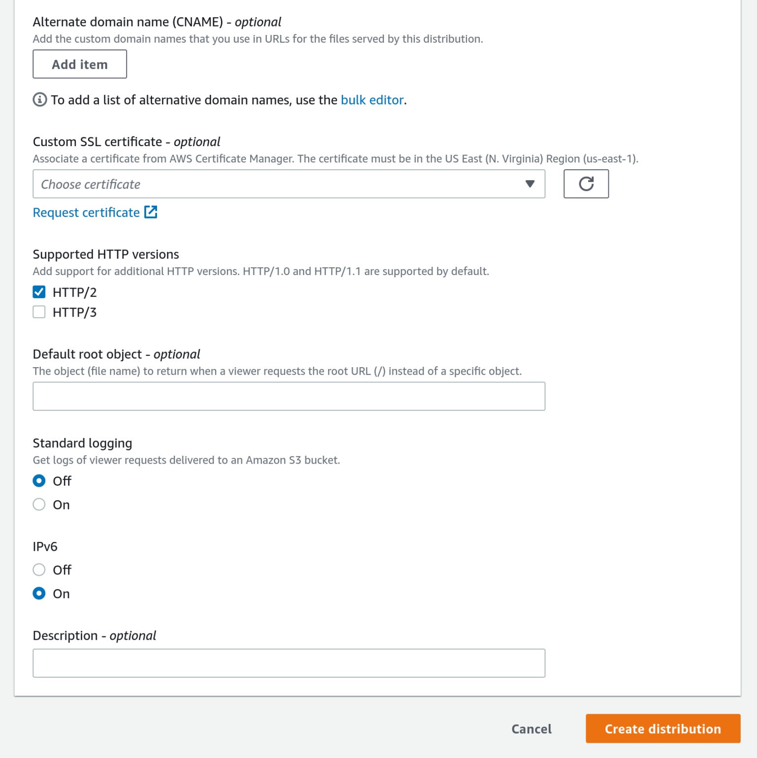 Screenshot of the Create distribution button at the bottom of the Amazon CloudFront Create distribution page in the AWS Console