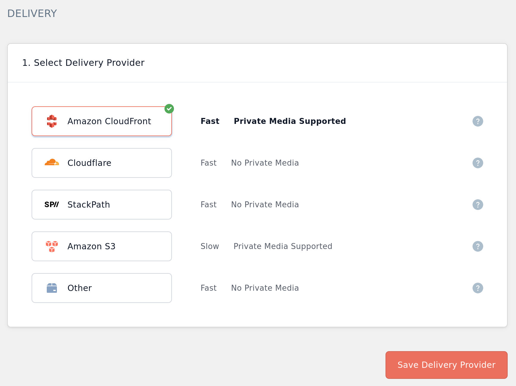 Screenshot of the Select Delivery Provider panel in WP Offload Media with Amazon CloudFront selected