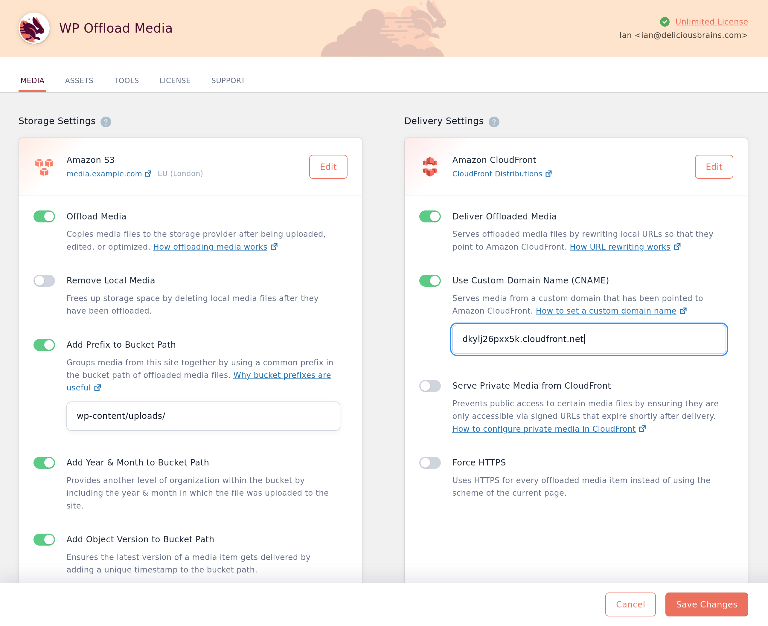 Screenshot of entering a CloudFront distribution domain name into the Use Custom Domain Name (CNAME) setting for WP Offload Media
