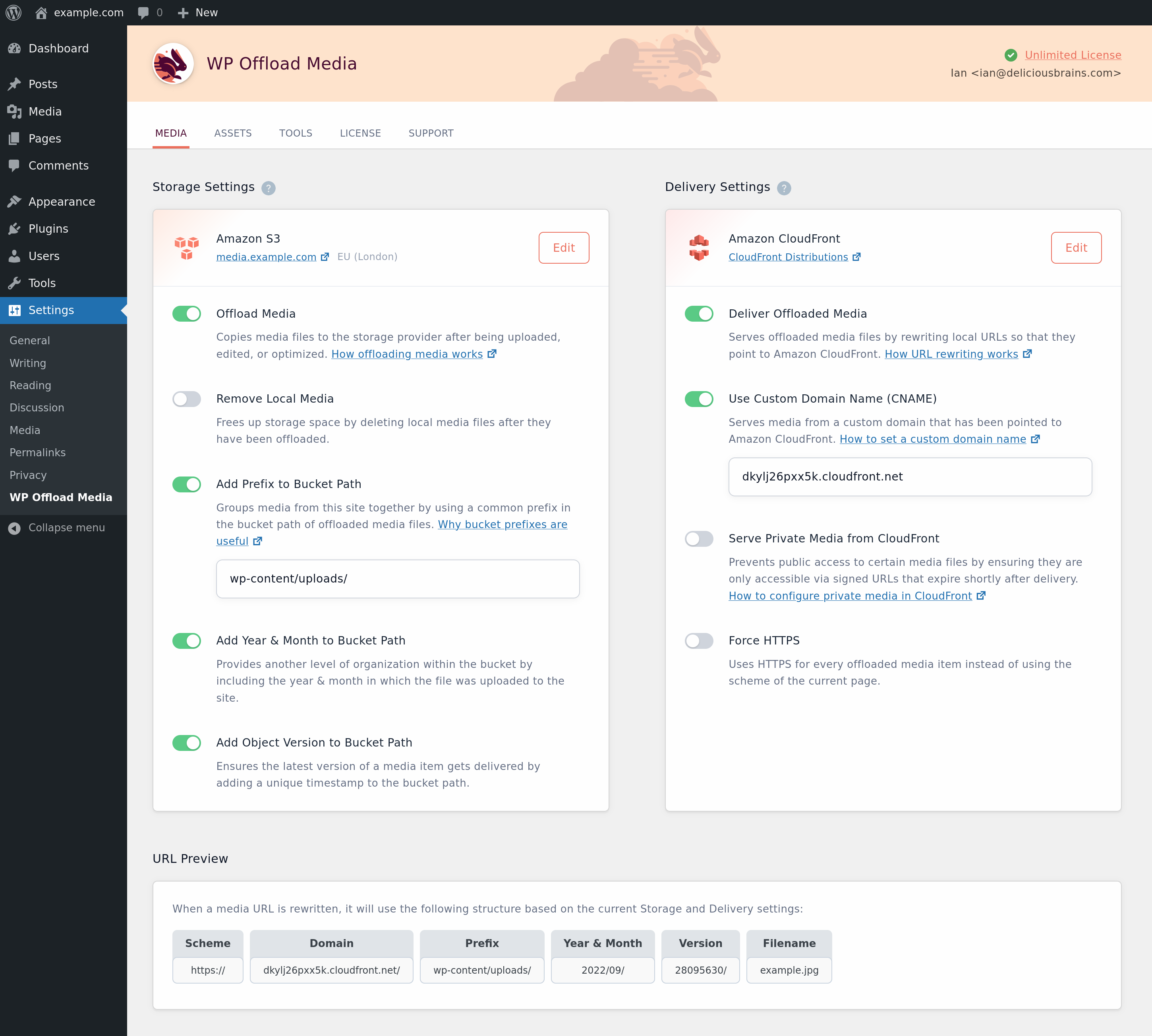 Screenshot of WP Offload Media when set up to serve media via Amazon CloudFront