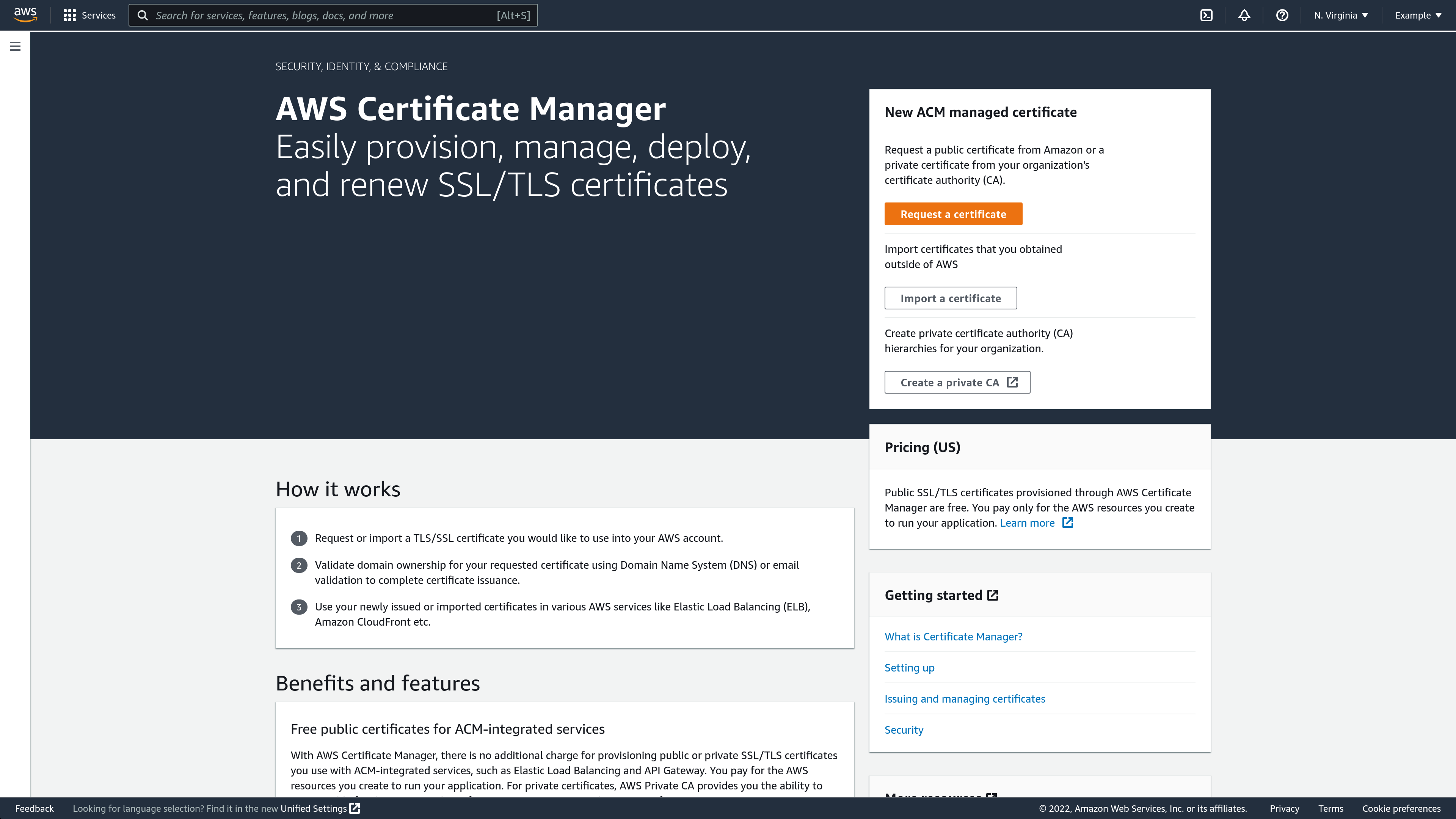 Screenshot of the AWS Certificate Manager landing page