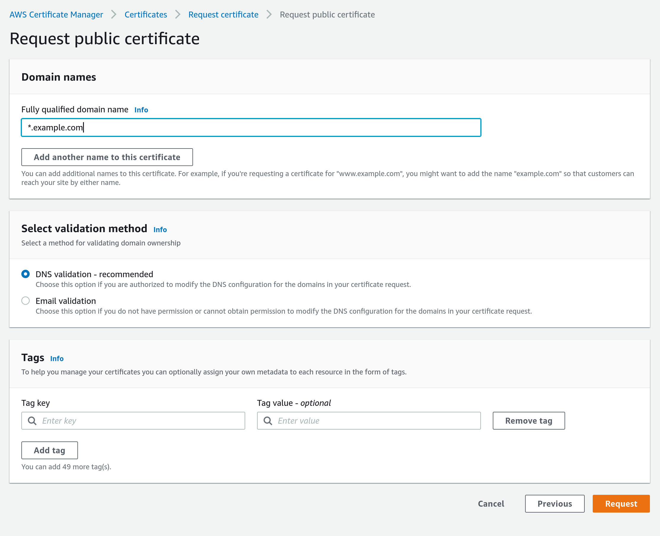 Screenshot of AWS Certificate Manager Request Public Certificate page with entered wildcard domain name