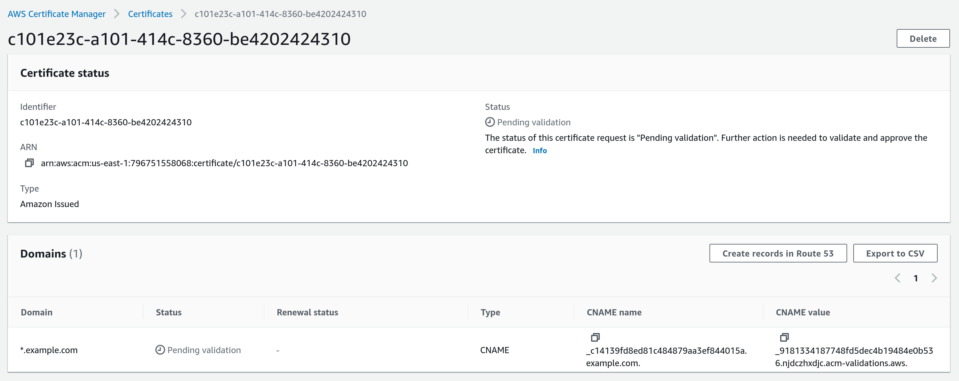 Screenshot of AWS Certificate Manager Certificate status page showing pending validation