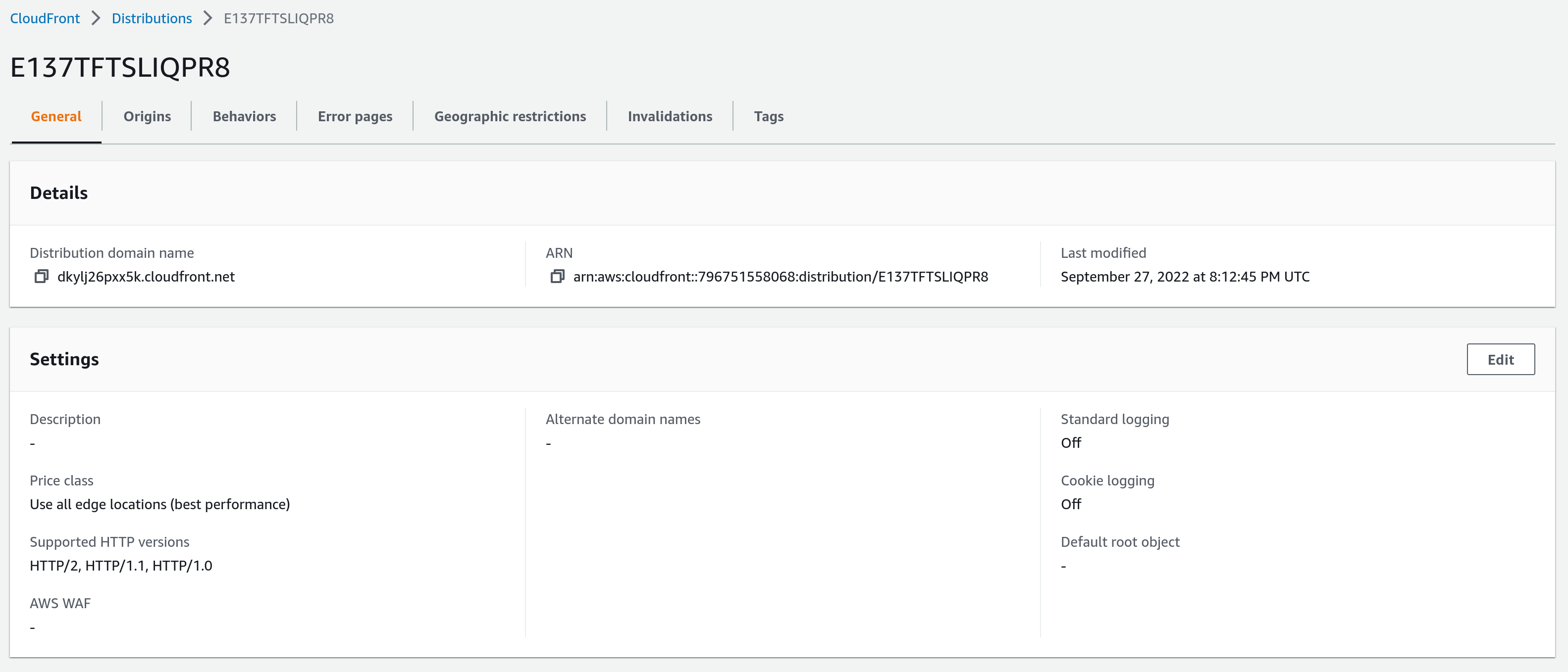 Screenshot of an Amazon CloudFront distribution details page with Edit button in Settings panel