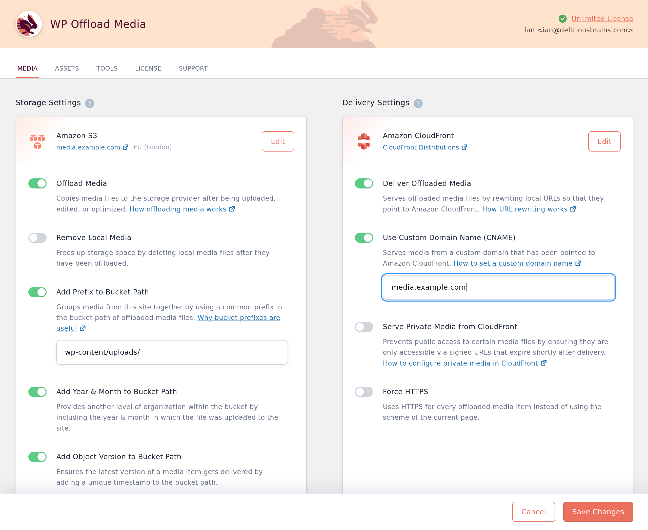 Screenshot of WP Offload Media with custom domain name entered for delivery