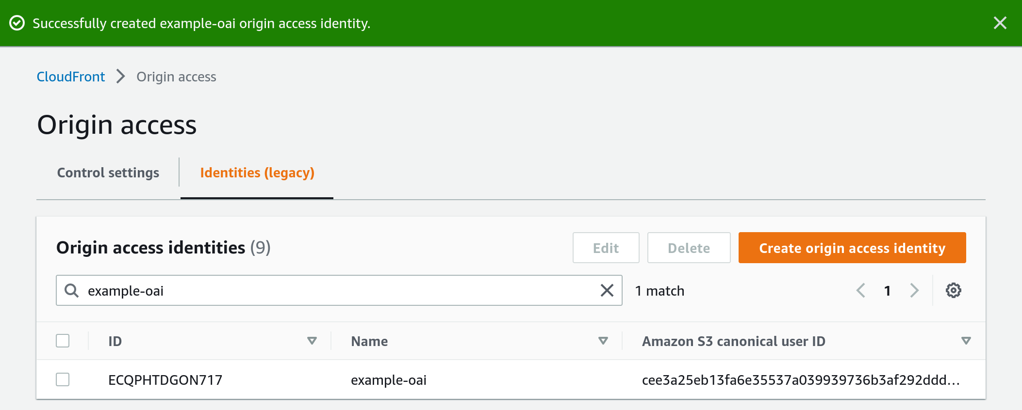 Screenshot of Origin Access Identity list with new Origin Access Identity