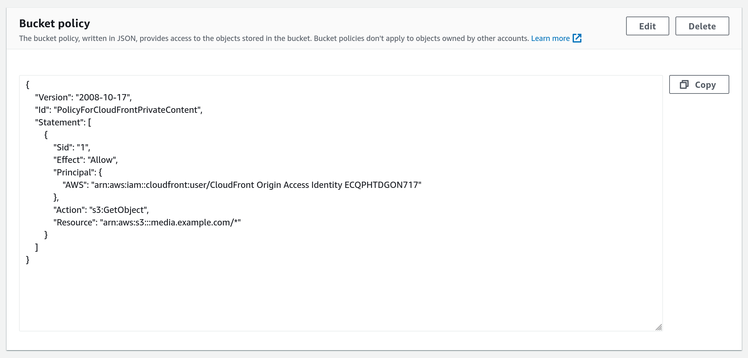 Screenshot of Bucket Policy for S3 bucket in AWS Console that includes an Origin Access Identity