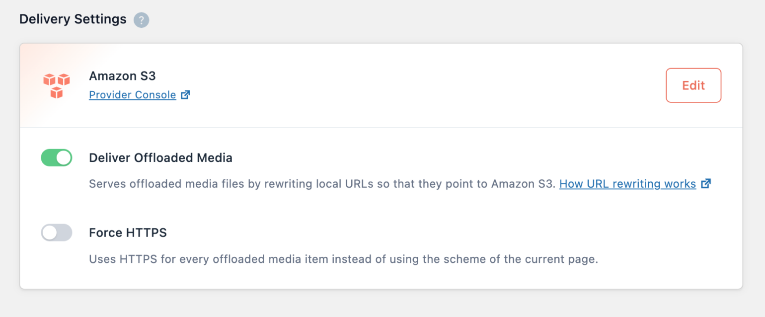 Edit button of WP Offload Media Delivery settings