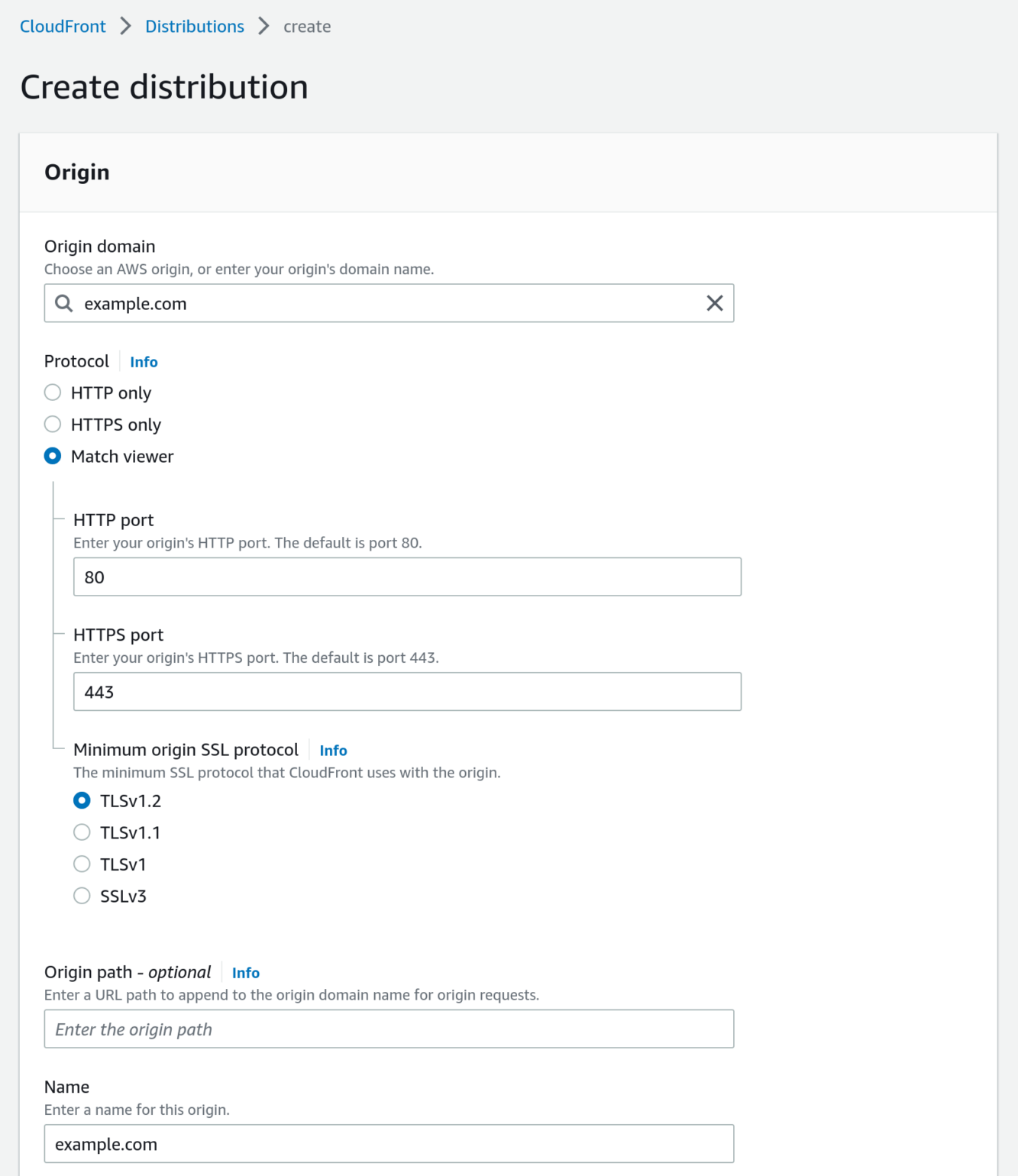 Screenshot of Amazon CloudFront create distribution page with domain entered for origin