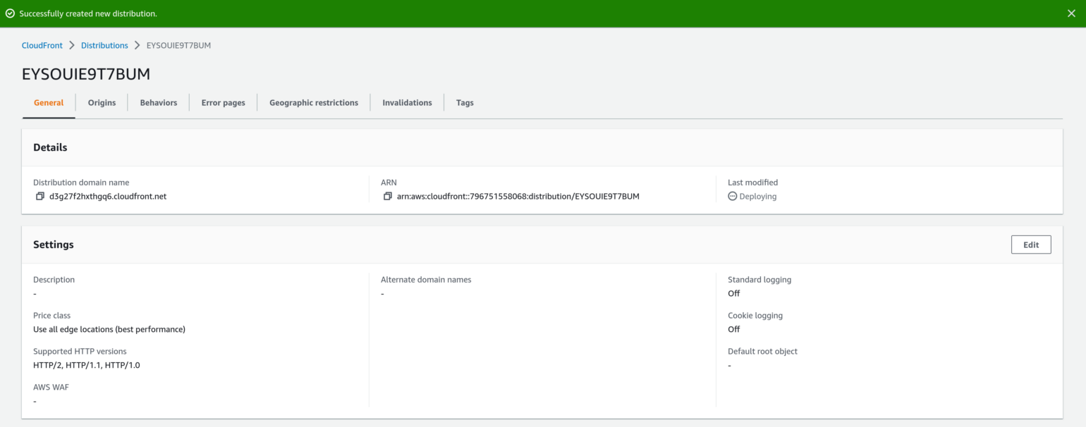 Screenshot of an AWS Console page showing the new assets CloudFront distribution deploying