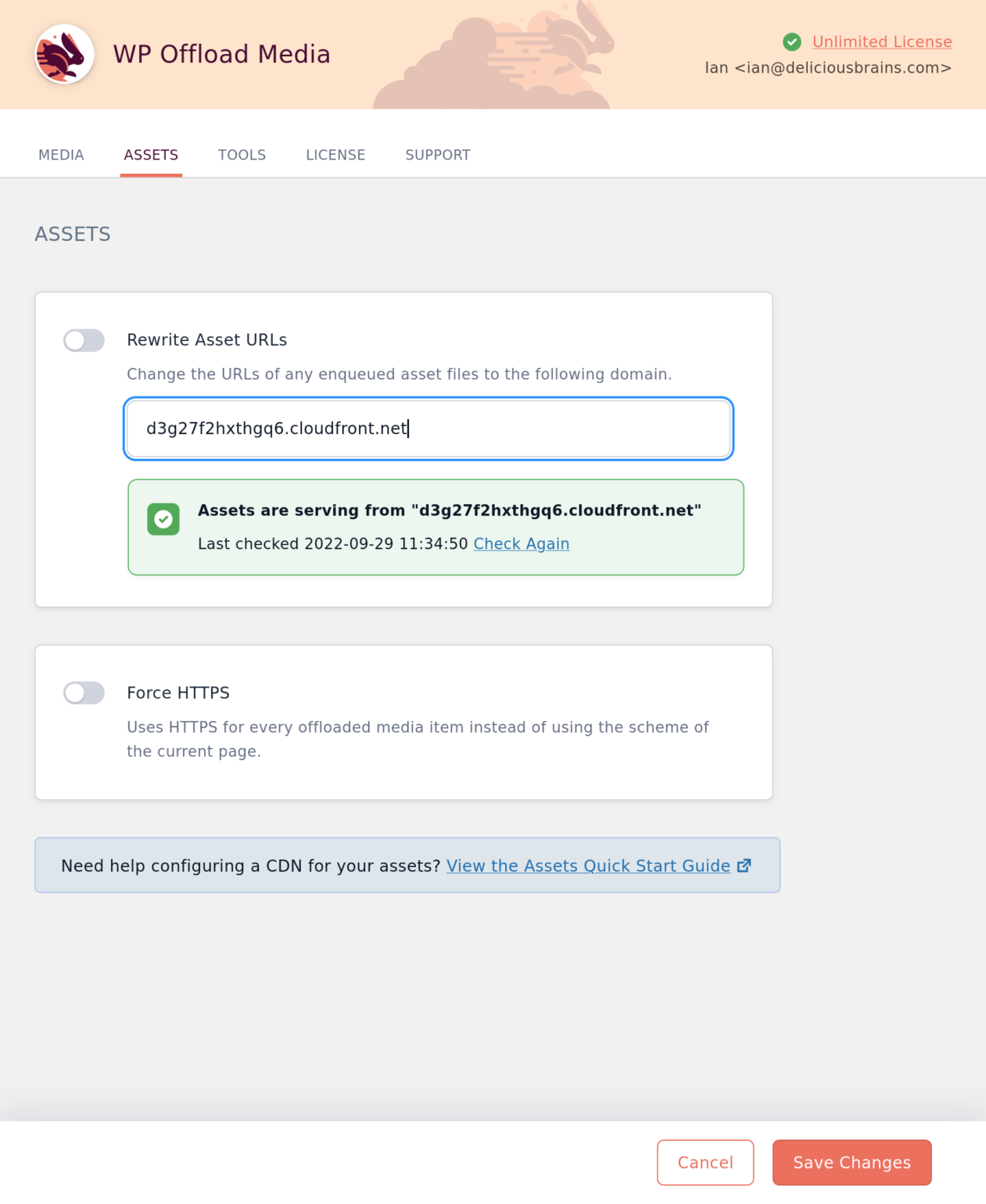 Screenshot showing a successful test of using a CloudFront distribution for assets