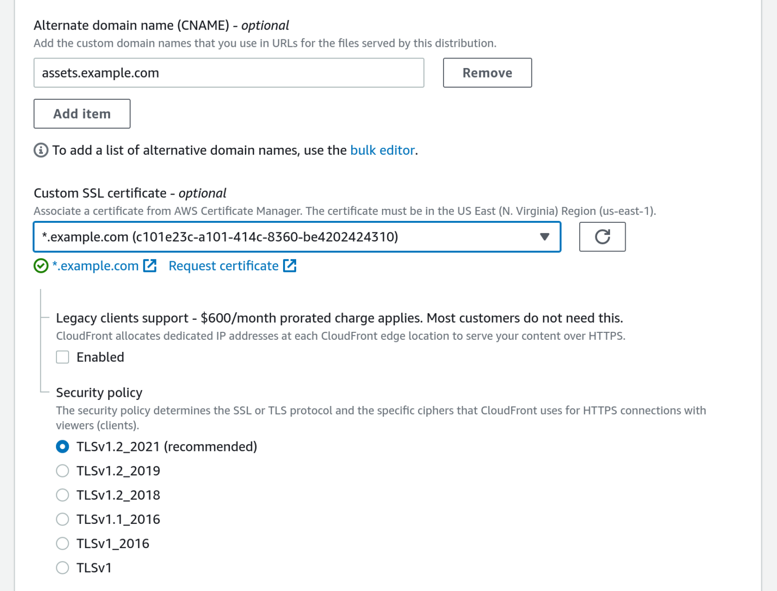 Screenshot of adding custom domain to assets CloudFront distribution