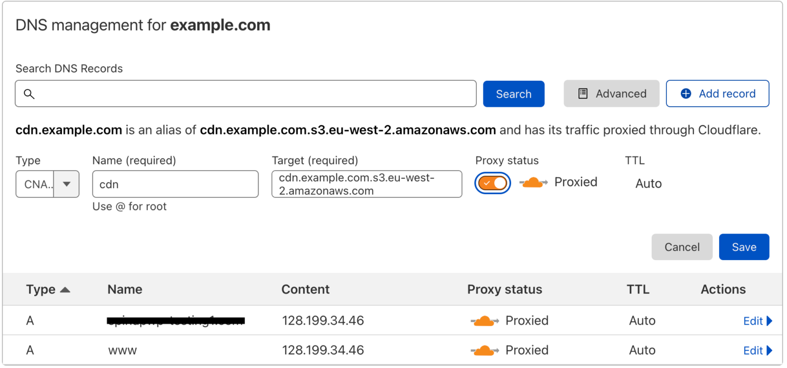 Addding a cloudflare CNAME record WP Offload Media