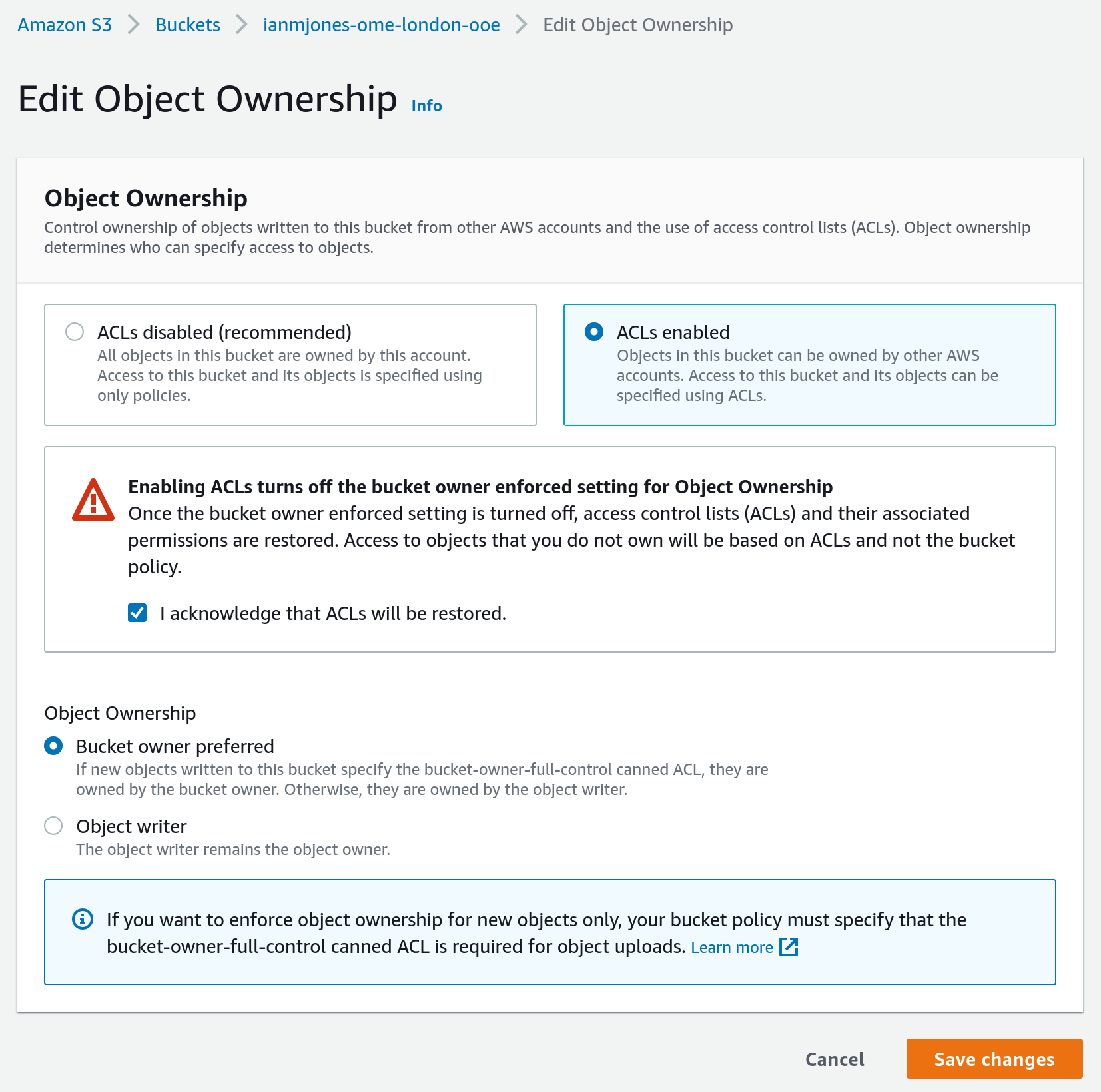 Amazon S3 Bucket Object Ownership
