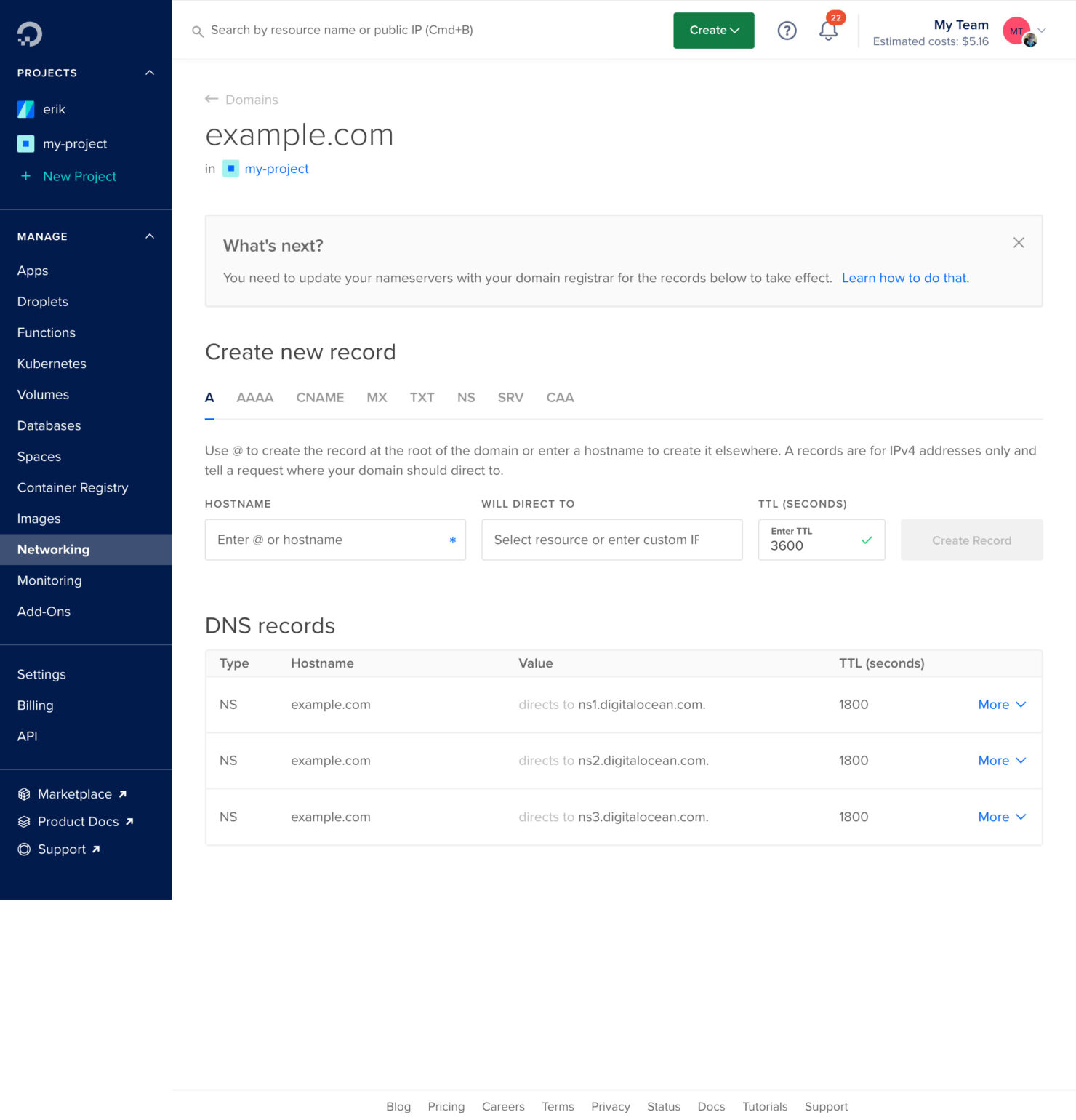 Show name servers in DigitalOcean domain settings WP Offload Media