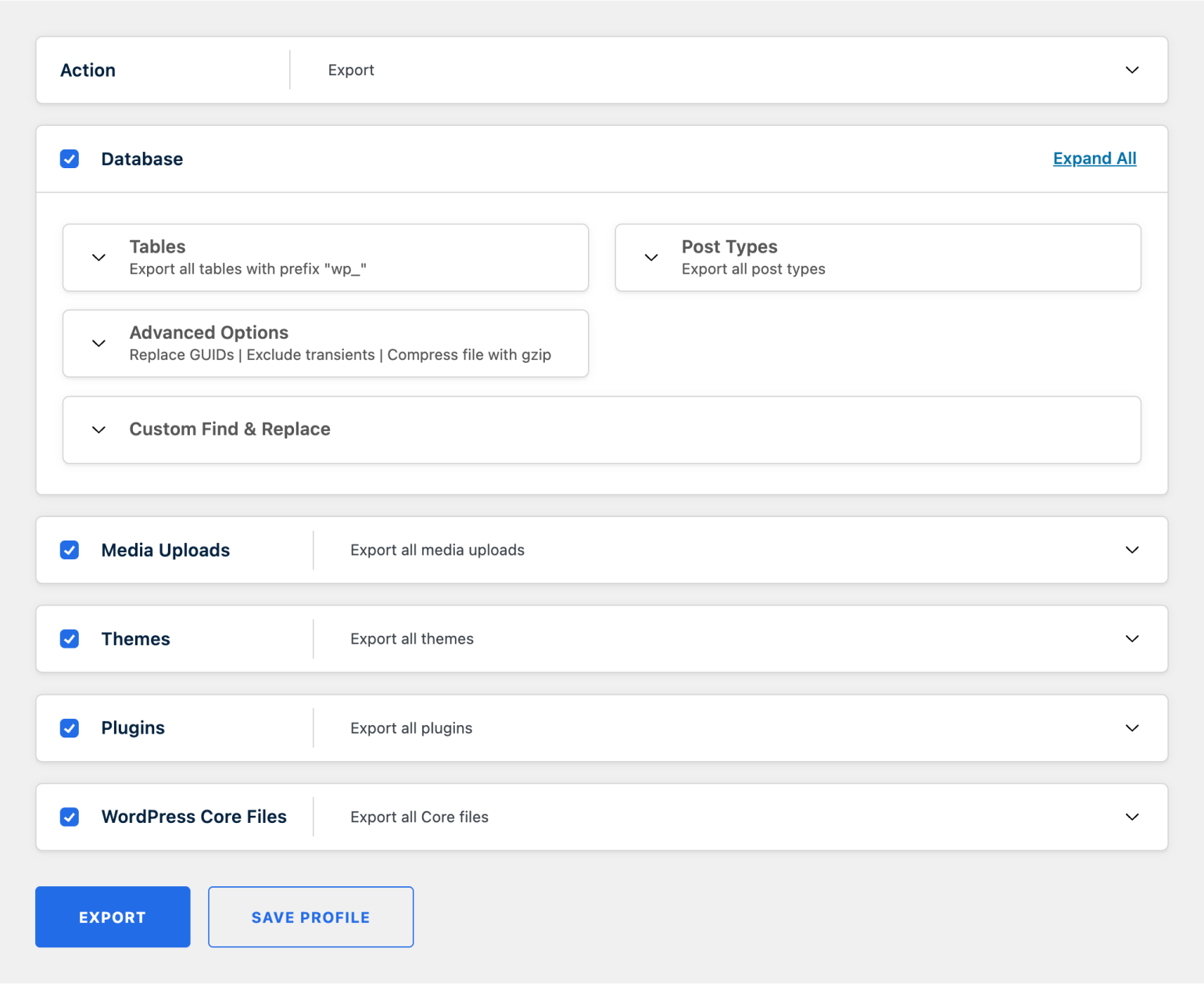 Full-site export profile with database and files included