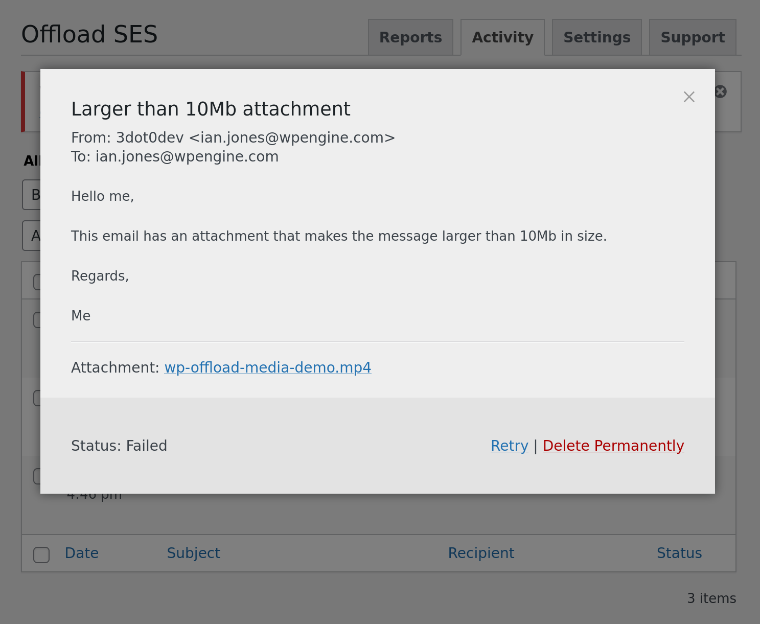 WP Offload SES v1.6 - 03 - Viewing large email that failed to send with v1.5