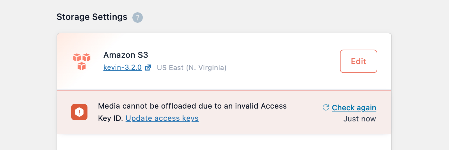 An error notice indicating an invalid Access Key ID is preventing media from being offloaded