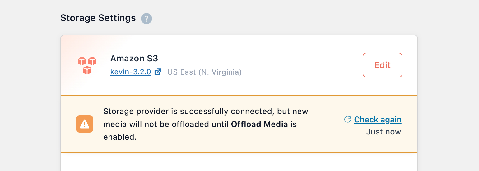 A warning notice indicating the storage provider is connected but offloading media is disabled