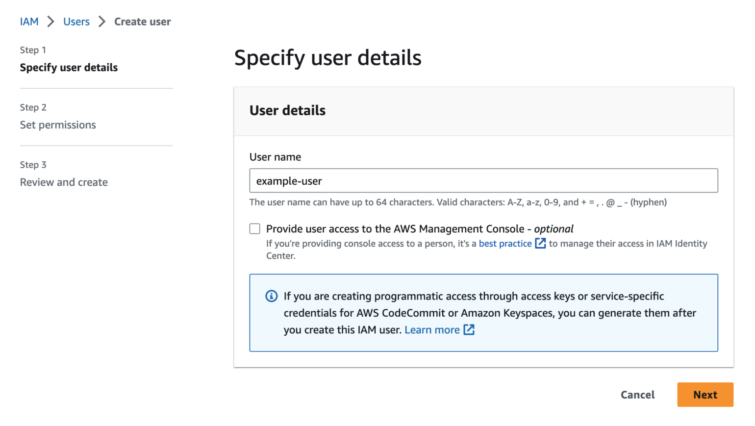 AWS IAM Management Console specify user details