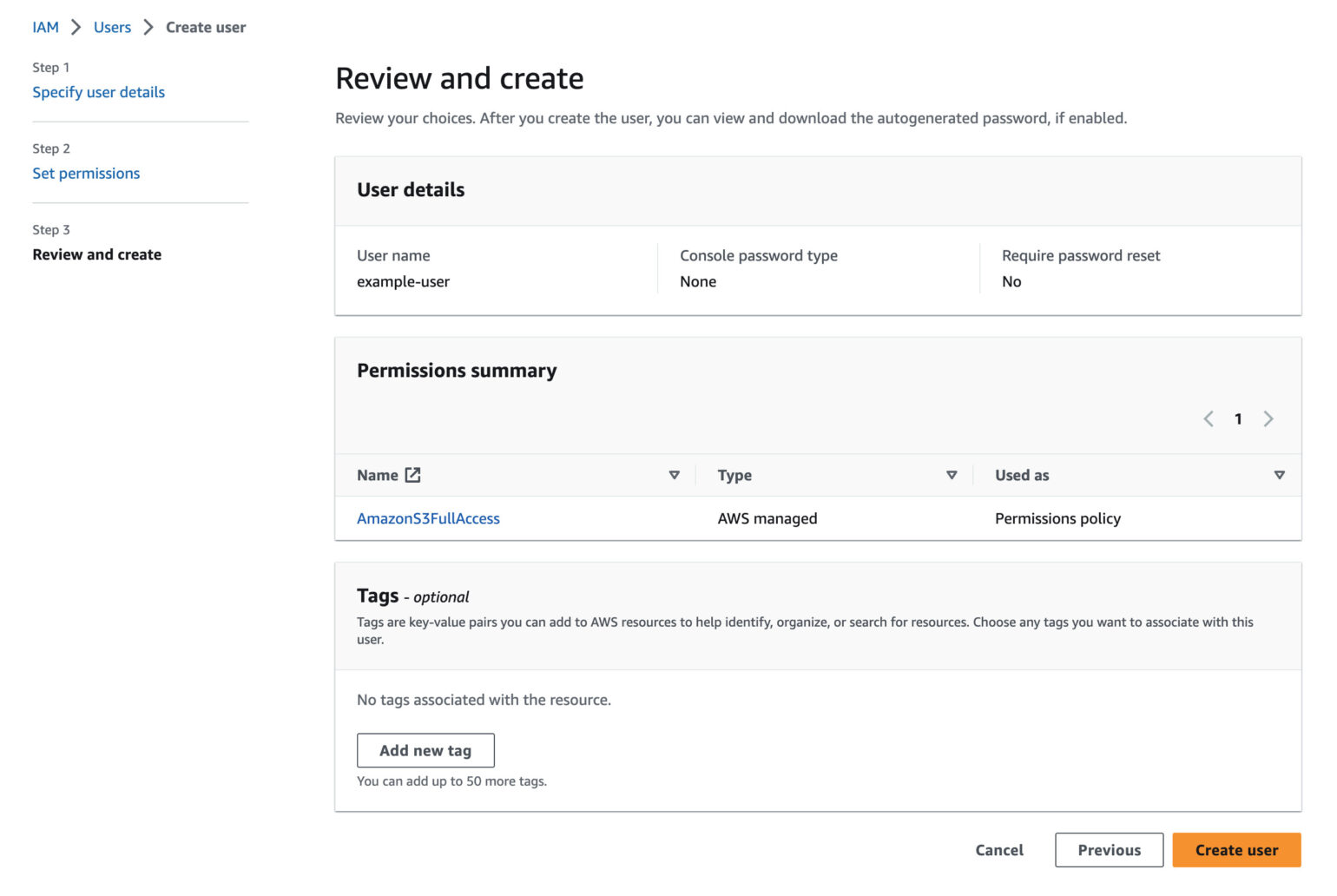 AWS IAM Management Console Review and create