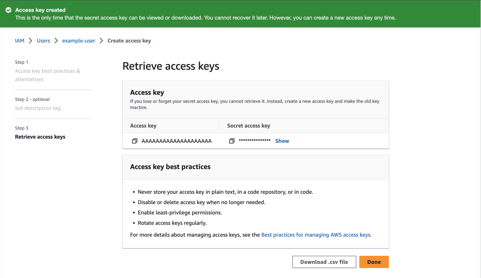 AWS IAM Management Console Download Access Keys