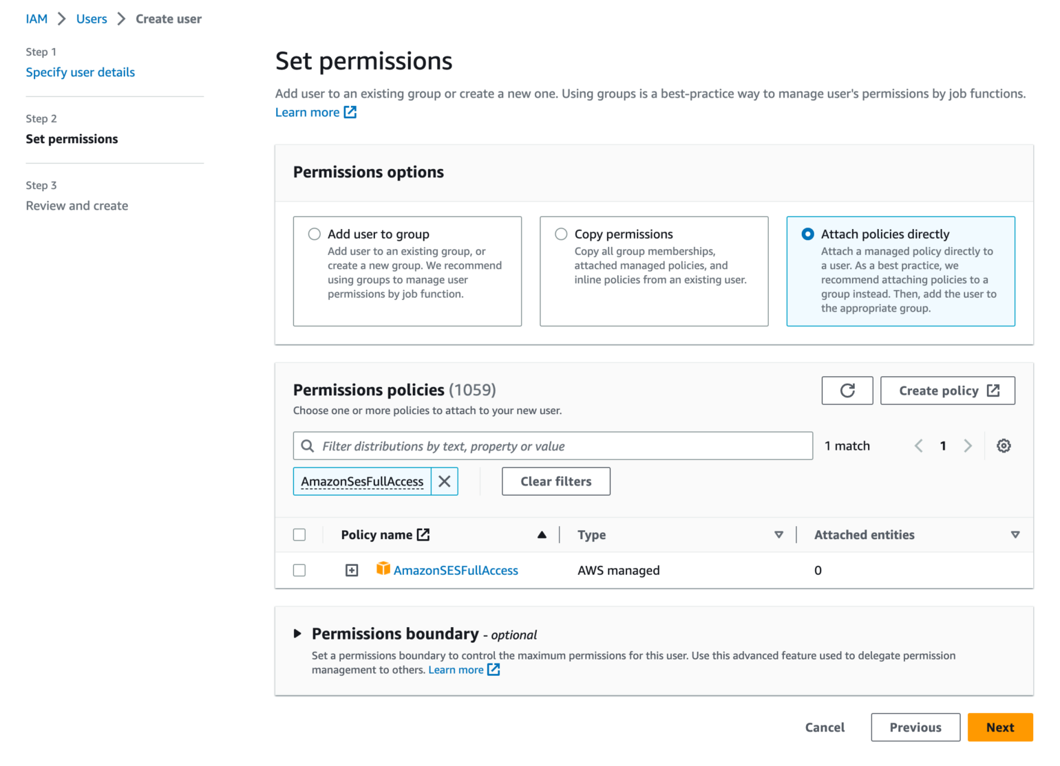 AWS IAM Management Console Add user permissions SES