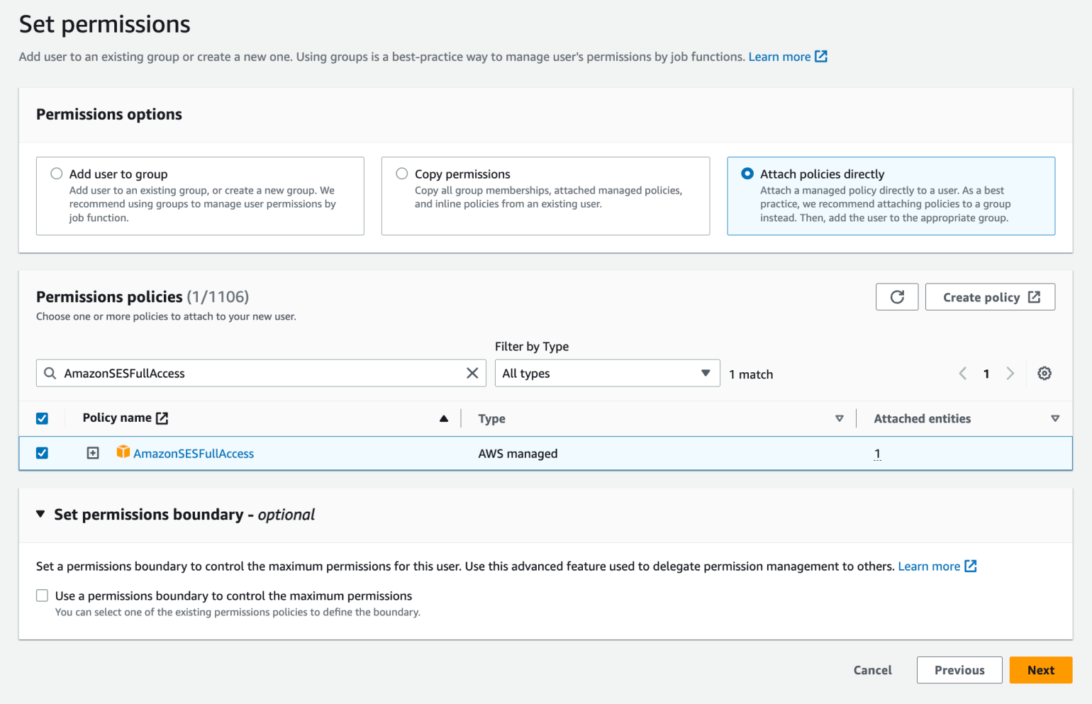 The “Set permissions” screen in AWS, showing radio buttons for Add user to group, Copy permissions, and Attach policies directly. Attach policies directly is selected. The area below this shows the AmazonSESFullAccess policy being attached to the user. 