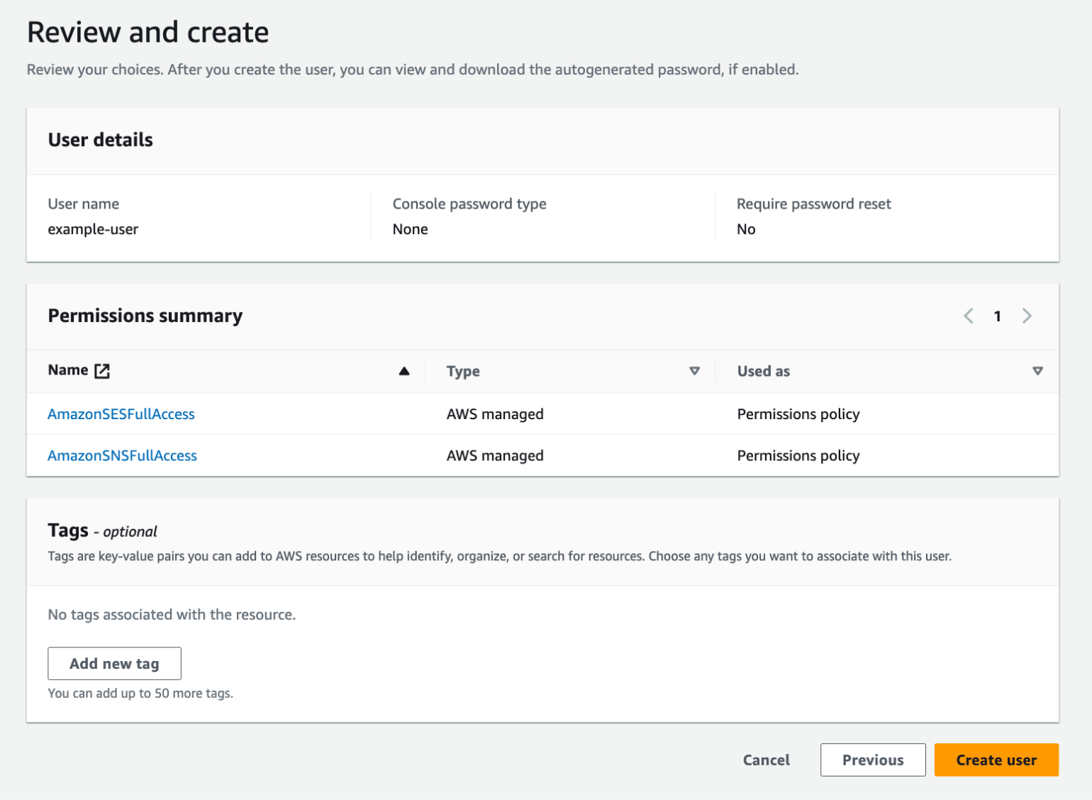 The "Review and create" screen in AWS, showing the AmazonSESFullAccess and AmazonSNSFullAccess policies have been attached for our example user. 