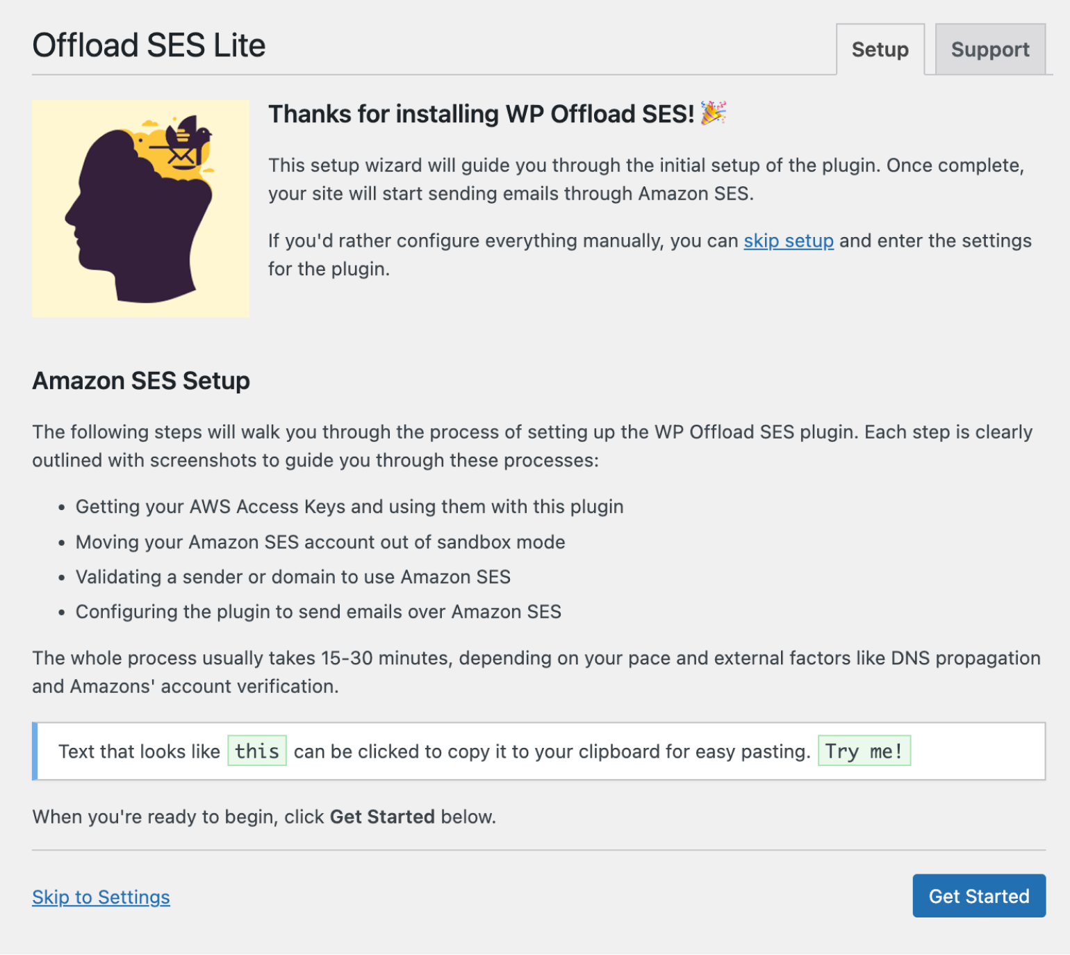 The introduction screen for the WP Offload SES Setup Wizard, showing the steps needed to set up Amazon SES and configure the plugin. 