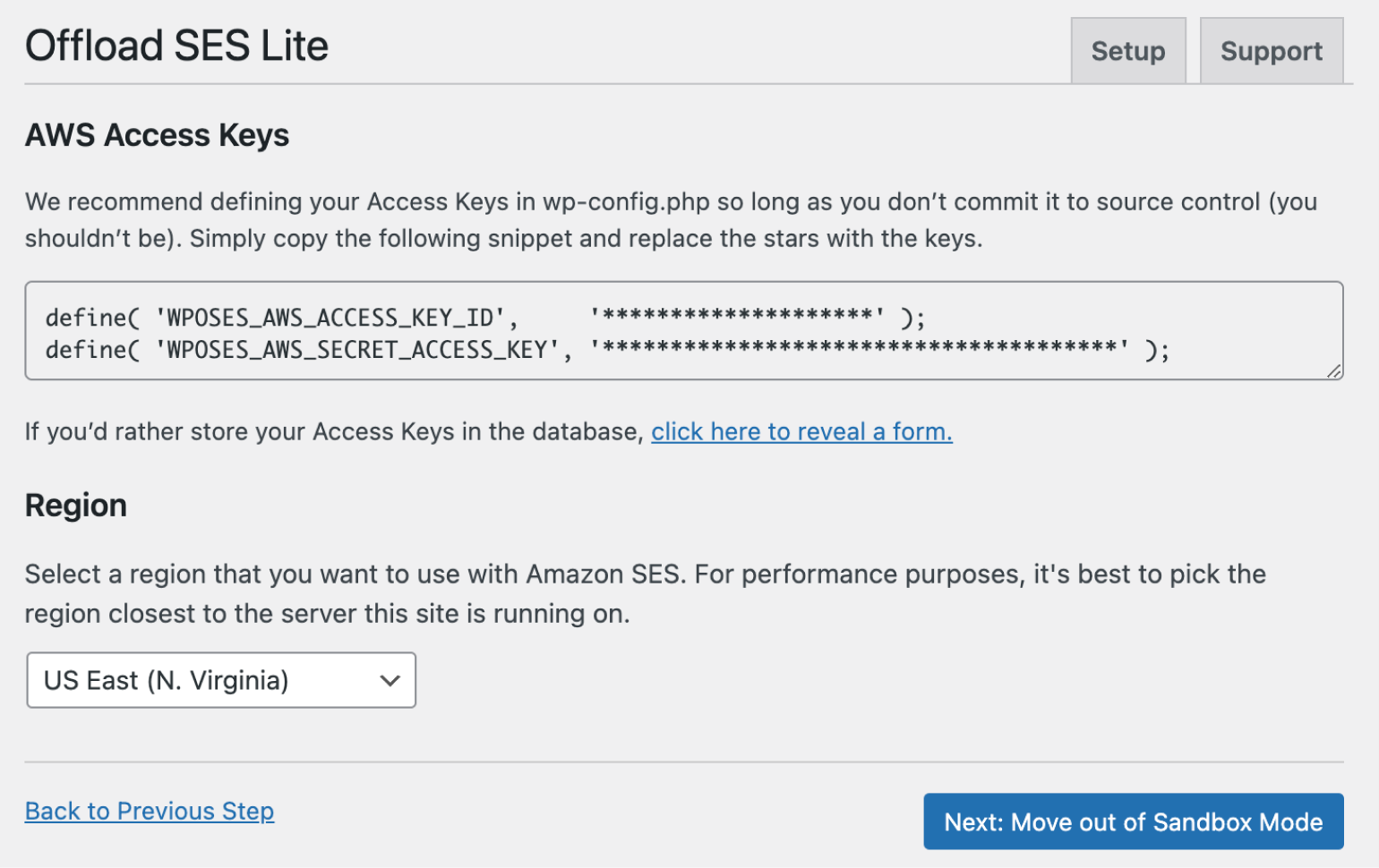 Defining AWS Access Keys in WP Offload SES. 