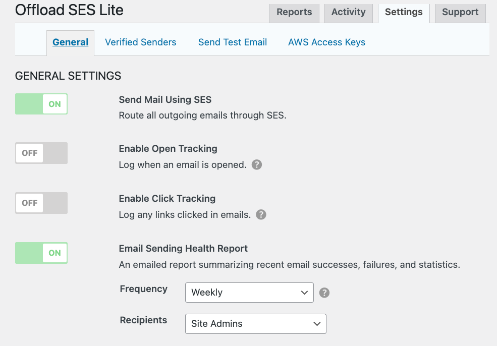 Settings in WP Offload SES. 