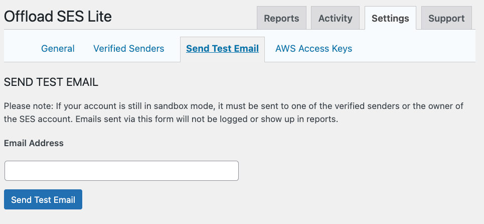 The Send Test Email screen in WP Offload SES. 