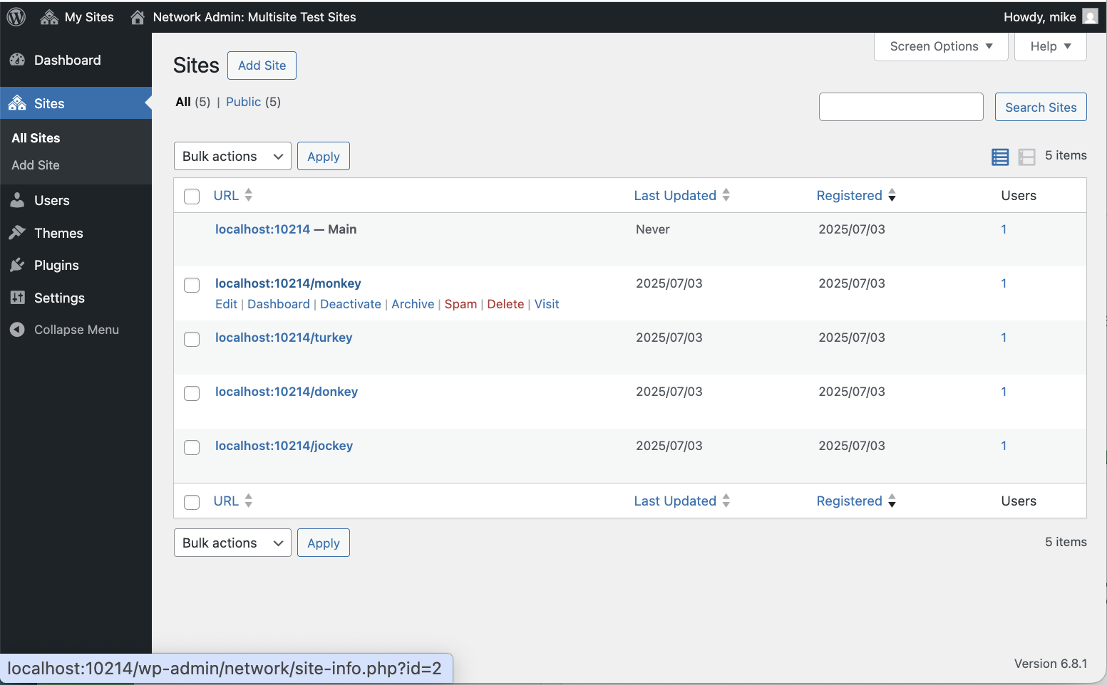 Finding the site ID in a multisite setup by hovering over the subsite in the WordPress admin. The site ID is displayed in the lower left corner. 