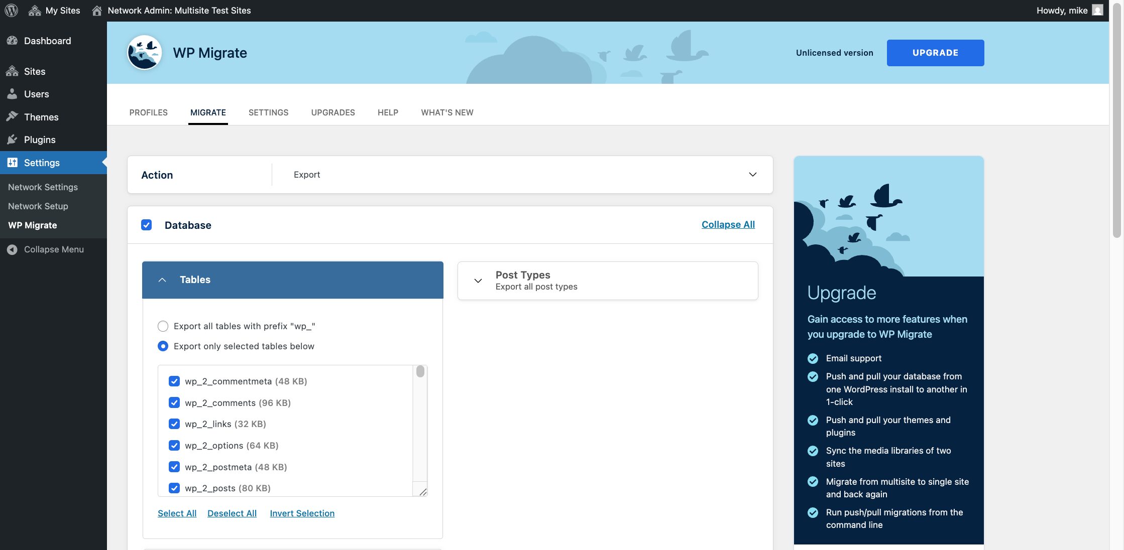 Selecting the correct database tables in WP Migrate Lite. 