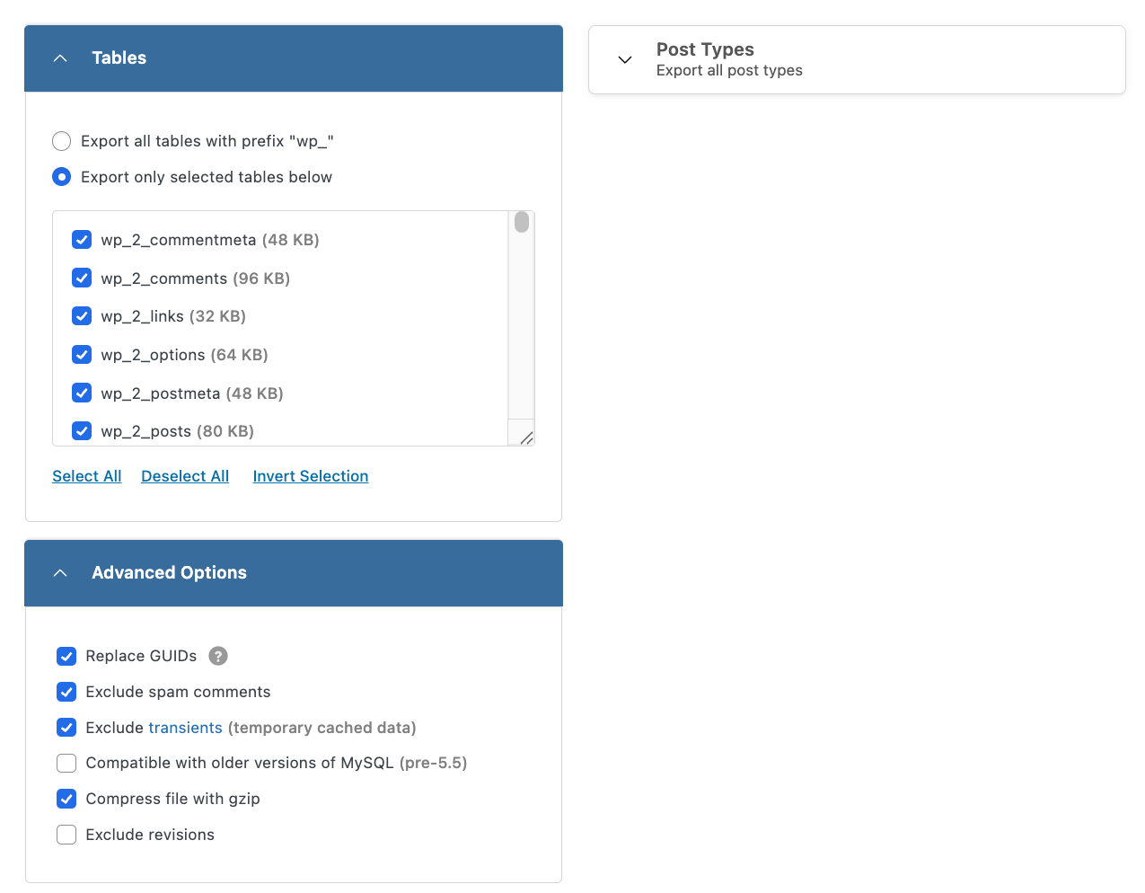Selecting Advanced Options in WP Migrate Lite.