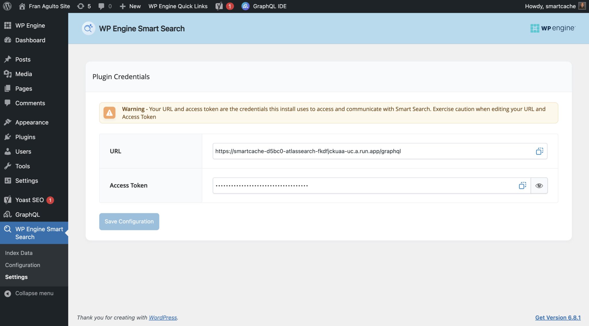 The Plugin Credentials page of WP Engine's Smart Search. 