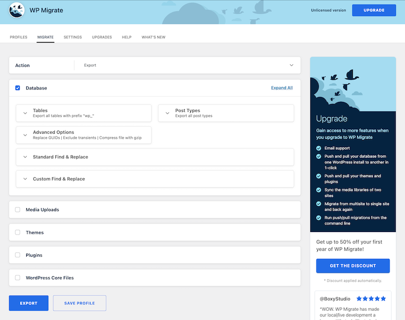 The Export settings in WP Migrate Lite, allowing you to export the database, the whole site, or any portion thereof. 